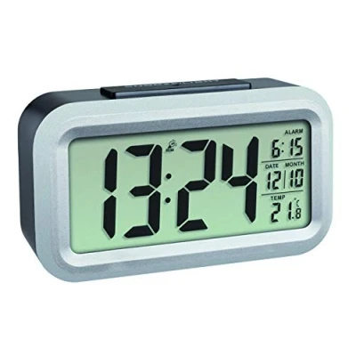 Bild av TFA Dostmann Lumio digital trådlös väckarklocka, 60.2553.01, med radioklocka, temperaturdisplay, automatisk bakgrundsbelysning, datumvisning, snooze funktion, stor skärm, 13,8 cm lång, svart silver