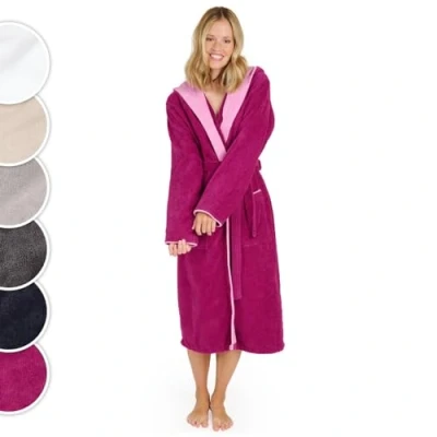 Bild av Blumtal badrock dam, gosig mjuk dam bomull med fodrad huva och sammetslen frottévelour, Oeko TEX® certifierad, storlek XL, fuchsia rosa