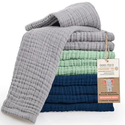 Bild av LAYNENBURG Set med 10 babyrockdukar i supermjuk muslin 100 % bomull 30 x 50 cm Oeko Tex muslindukar som gasväv eller tygblöjor (flerfärgad pojke)