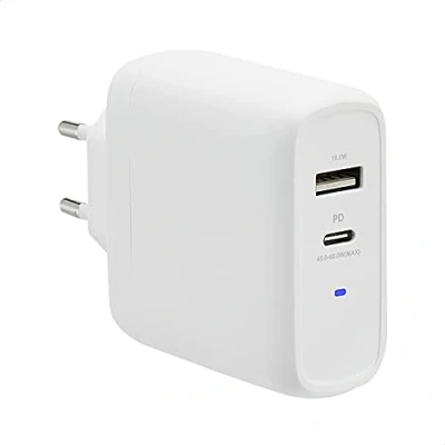 Bild av Amazon Basics GaN väggladdningsenhet på 63 W, 2 anslutningar, 1 45 W USB C port och 18 A port, strömförsörjning för laptop, surfplatta mobiltelefon, vit (ej PPS), 6,6 x 2,94 6,24 cm