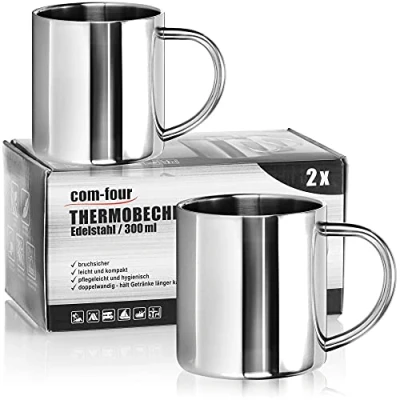 Bild av COM FOUR® 2x värmemugg i rostfritt stål 400 ml per mugg dubbelväggig isolerande splitterfri kaffemugg termisk dricksmugg campingmugg kopp BPA fri