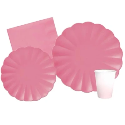 Bild av Party Tableware Set Flower Shape for 24 people (112 pcs: plates Ø23cm, Ø18cm, cups 200ml, 40 napkins 33x33cm) in eco friendly compostable paper, old rose