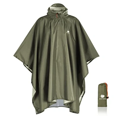 Bild av Anyoo Lätt, vattentät, återanvändbar och ventilerad poncho med huva; perfekt för utomhusbruk; en storlek, Färg: grön, One size