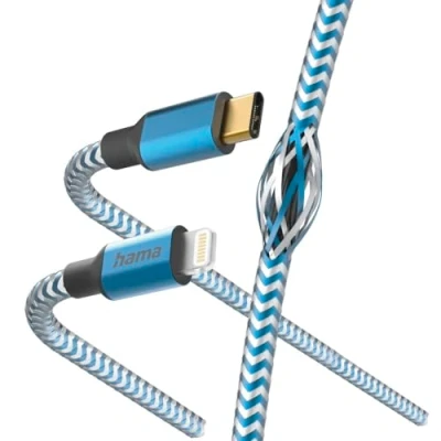 Bild av Hama laddningskabel &quot;Reflective&quot; USB C till Lightning, nylon, 1,5 m (iPhone laddkabel, Lightning kabel, iPhone 14 13 12 11 Pro Max Plus mini SE XS XR X 8 7, iPad Air mini, MFI certifierad) blå