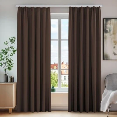 Bild av Deconovo mörkläggningsgardiner, 2 delar, spets och redo, solid, ljudisolerande, värmeisolerande, för sovrum, choklad, 140 x 245 cm