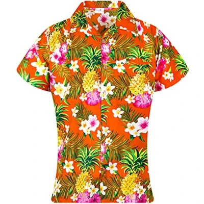 Bild av King Kameha Funky Hawaii blus/ skjorta för damer, kortärmad, frontficka, tryck, ananas, palmer och blommor, XL