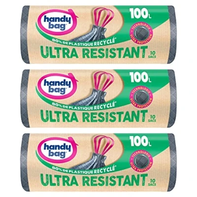 Bild av Handy Bag Praktisk bindning sopsäckar Ultra Resistent, 100 x 10 påsar 3 rulle Läckagesäkert botten Maximal tätning länk fäst på toppen av väskan 100% återvunnen plast