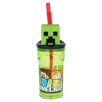 Bild av Stor 3D figur Minecraft, återanvändbar barnmugg med sugrör och lock 360 ml kapacitet