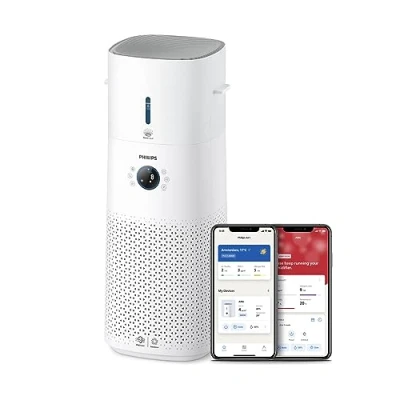 Bild av Philips 2 i 1 luftrenare och luftfuktare 3000 Serien, 131 m², NanoProtect HEPA aktivt kolfilter tar bort 99,97% av alla osynliga partiklar, automatisk luftfuktning, Vit (AC3737/10)