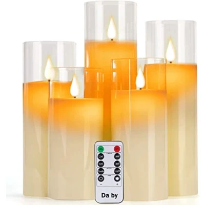 Bild av Da by Flamlösa ljus med glaseffekt 10 cm, 13 15 18 20 cm (4, 5, 6, 7, 8) uppsättning av 5 droppfria riktiga vaxpelare, inkluderar realistiska dansande LED flammor och knappars fjärrkontroll 24 timmars timerfunktion