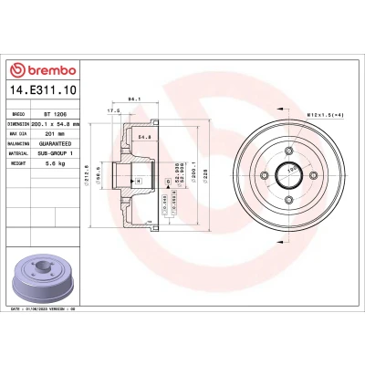 Bild av BREMBO 14.E311.10 Tambours de Frein avec kit roulement roue 200,1 OPEL: Corsa C 3/5 portes, Tigra Twintop