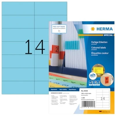 Bild av HERMA 4558 färgade etiketter A4 (105 x 42,3 mm, 100 ark, papper, matt) självhäftande, utskrivbara, permanenta färgetiketter, 1 400 klistermärken, blå