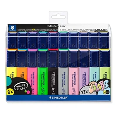 Bild av STAEDTLER Textmarker Textsurfer classic, großer Tintenspeicher, sekundenschnell trocken, ca. 1 5 mm Keilspitze, nachfüllbar, INK JET SAFE, 20 im Etui, 364 WP20