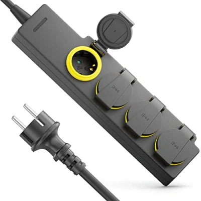 Bild av deleyCON Grenuttag 4 Vägs för Utomhusbruk Eldosa med 5 m Kabel 4x Skyddande Kontaktuttag IP44 Stänksäker Trädgård Terrass Balkong Källare Garage