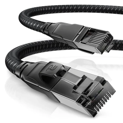 Bild av CSL Nätverkskabel Cat 8.1, 40 Gbit/s 7,5 m bomullsmantel Black Series LAN kabel/patchkabel RJ45 8 Gigabit Ethernet kabel 40000 Mbits S/FTP PIMF skärmning kompatibel med 6 och
