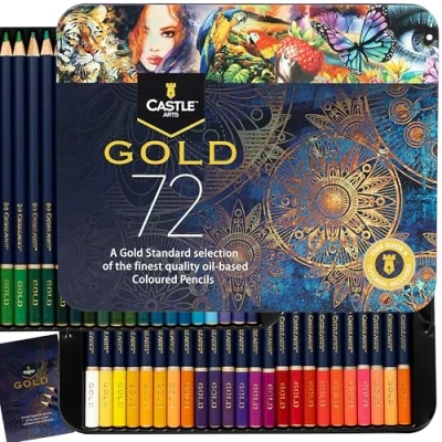 Bild av Castle Art Supplies Gold Standard 72 Färgpennor Set Kvalitets oljebaserade färgade kärnor förblir skarpare, tuffare mot brott För vuxna konstnärer, färgsättare I presentationsplåtlåda