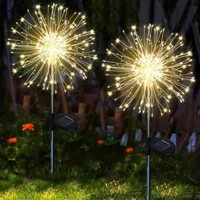 Bild av Yowin Solcellslampor för trädgårdslampor 2 pack 120 LED fyrverkerier sollampor utomhus, trädgård, 8 lägen, solskenor, vattentäta maskros, uteplats, blomlådor, festdekorationer, varm vit