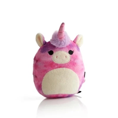 Bild av Squishmallows Lola den bärbara enhörningen plyschhögtalaren. 10 meter Bluetooth räckvidd, volymkontroll, rikt stereohögtalarljud, snabb och enkel automatisk enhetsparning. Spela, pausa hoppa över