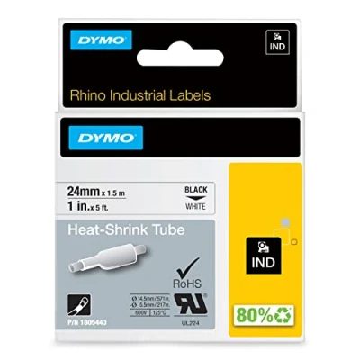 Bild av DYMO Rhino Industriell värmekrympning kabeletikettrör 24 mm x 1,5 m Svart tryck på vitt självhäftande för noshörningsetiketter