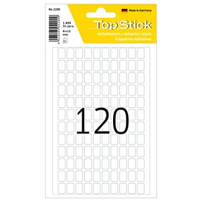 Bild av TopStick 2200 hushållsetiketter mini (8 x 12 mm, 15 ark, papper, matt) självhäftande, permanenta multifunktionsetiketter för handskriven märkning, 1 800 klistermärken, vit
