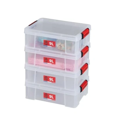 Bild av SUNDIS Clip&#039;N Store 9l, set med 4 förvaringslådor i transparent plast, förstärkt clip on lock, lämplig för matkontakt, raka väggar, stapelbar och kombinerbar