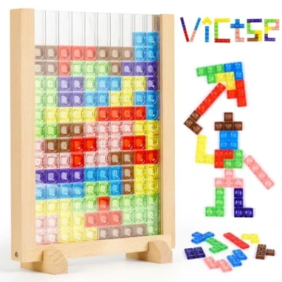 Bild av Victse Tetris spel pussel set, barn, Montessori leksak från 3 4 5 6 år, intelligens, färgglada byggstenar, barnleksaker för 36 motorikleksaker, träleksaker, gåva flickor pojke