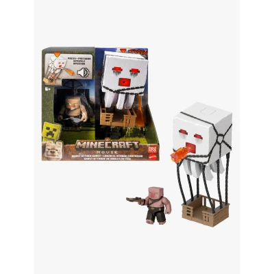 Bild av Mattel Minecraft actionfigurset, Blast Attack Ghast med ljus, ljud, avfyrare och projektil, plus piglin krigare inspirerat av filmen, A Movie, JFB69
