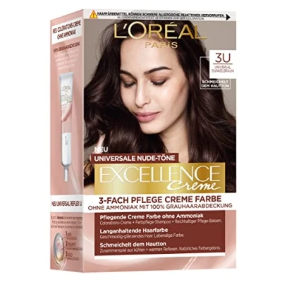 Bild av L&#039;Oréal Paris permanent hårfärg för varje hudton, färgning utan ammoniak, universella nude toner med komplett grått hårskydd, Excellence Creme, nr 3U mörkbrun (brun), 1 styck