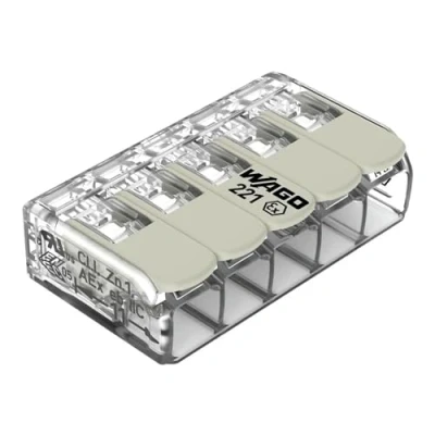 Bild av WAGO Anslutningsklämmor 221485 5 ledare, upp till 4 mm², 25 stycken, COMPACT kabelkontakter med spakar för alla typer av ledare över hela världen, bekräftad användningssäkerhet