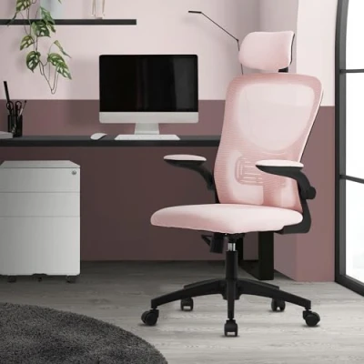Bild av ML Design ergonomisk kontorsstol, rosa, i mesh, skrivbordsstol med justerbart nackstöd, armstöd, svankstöd, datorstol gungfunktion, 360 snurrbar stol hjul, gamingstol