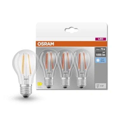 Bild av OSRAM LED BASE Classic A75, lampor med frostat filament av glas för E27 sockel, glödlampsform, kallt vitt (4000K), 1055 lumen, ersätter vanliga 75W lampor, låda 3 st.