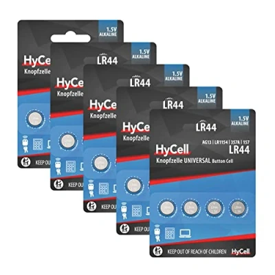 Bild av HyCell Knappcell 20 pack alkaliskt batteri LR44 1,5 V förstklassig kvalitet knappbatteri för daglig användning i enheter som fjärrkontroller, bilnycklar, miniräknare, vågar, UVM.