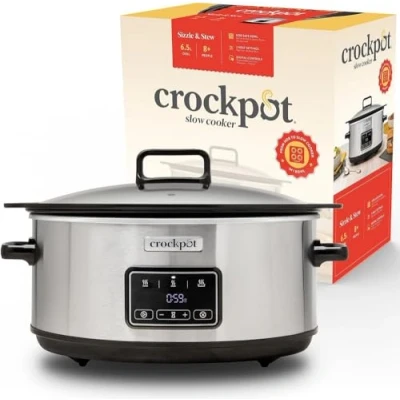 Bild av Crockpot Sizzle &amp; Stew Digital Slow Cooker 6,5 l (8+ personer) Avtagbar induktionsskål för tillagning av kött och grönsaker EU uttag med 2 stift rostfritt stål [CSC112X]