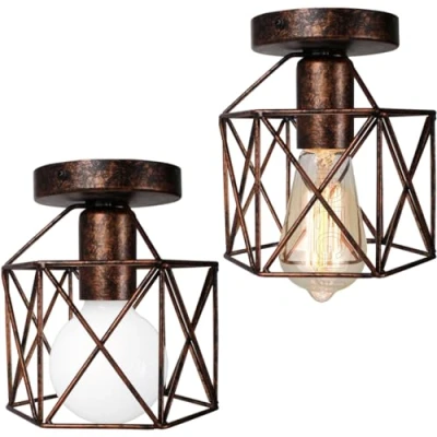 Bild av IDEGU 2 stycken taklampor industriell 15 cm retro taklampa av järn lampskärm i hexagon bur vintage design E27 ljuskrona för hall kök vardagsrum sovrum dekoration (rost)