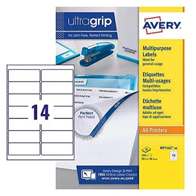 Bild av Avery MP7163 40 självhäftande multifunktionsetiketter, 14 etiketter per A4 ark, vit, 99,1 x 38,1 mm