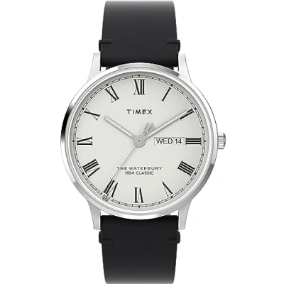 Bild av Timex Waterbury 40 mm herrklocka Svart snabbfrigörande läderarmband i två delar, vit urtavla, boett rostfritt stål TW2W15000