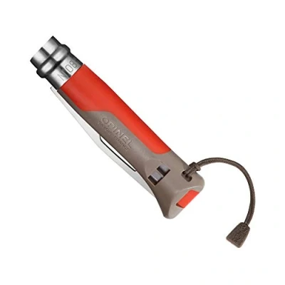 Bild av Opinel kniv nr 8 utomhus, stål Sandvik 12C27, rostfri, delsågtand, handtag brun/röd, signalpipa, skallös