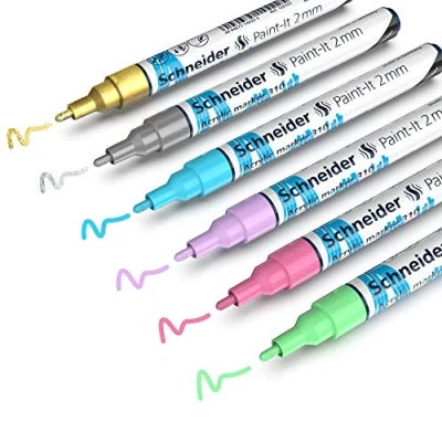Bild av Schneider Paint It Akrylpennor (set 1 med 2 mm rund spets, högtäckande akrylfärger för trä, duk, sten och mycket mer), 6 stycken, sorterade, linjebredd