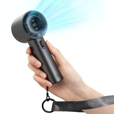 Bild av JISULIFE Bärbar handfläkt, mini turbofläkt justerbar i hastighet (från 1 till 100), 5 000 mAh batteri med metallkropp, digital display, för kvinnor, män, resor/utomhus grå