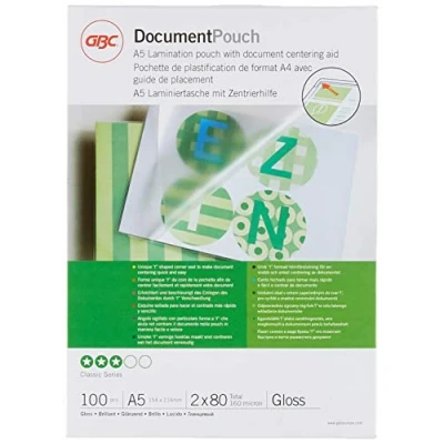 Bild av GBC lamineringsfolier A5 80 mic, robusta lamineringsväskor i 100 pack, glänsande, transparent, perfekt för kontor och skola, IB575037
