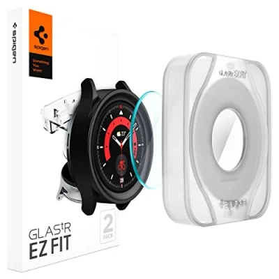 Bild av Spigen Glas.tR EZ Fit Skärmskydd kompatibel med Samsung Galaxy Watch 5 Pro 45mm, 2 Stycken, Sjabloon voor Installatiem, Kristallklart, Responsiv Touch, Case friendly, 9H härdat glas