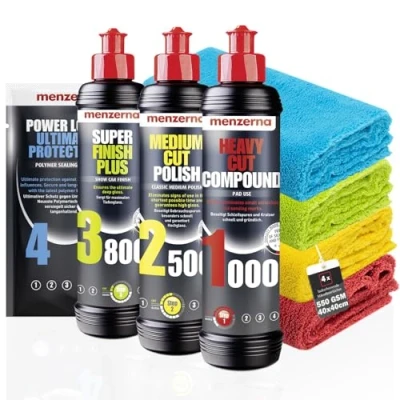 Bild av etailmate Menzerna bilpolerings set: bilpolering 250 ml + standarddynor (Hard Cut, Medium Soft Cut) mikrofiberhanddukar 40 x cm, 550 GSM