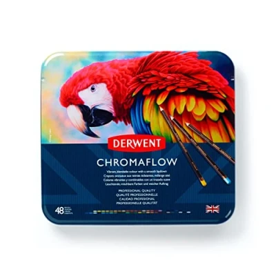 Bild av Derwent Chromaflow Färgpennor i Metallask, Set med 48 Pennnor, Rund 3,5mm Bred Färgkärna, Tåligt Stift Av Hög Kvalitet, Lätta Att Blanda, Professionell Perfekt För Teckningar, 2306013
