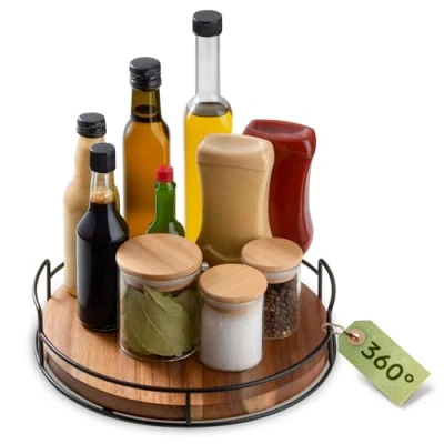 Bild av Praknu Lazy Susan Roterande Tallrik Av hållbar FSC® Akaciaträ 360 Snurrbricka Köks Organizer Halkfri yta 28 cm Perfekt för Köket