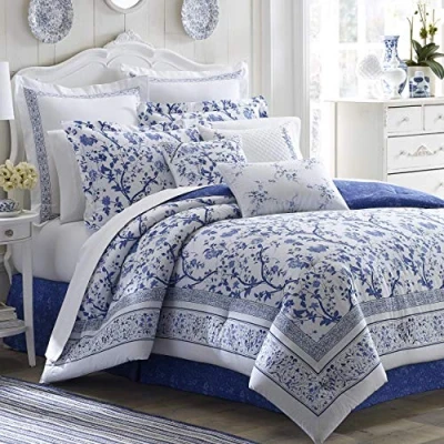 Bild av Laura Ashley Lyxigt premium ultramjukt påslakanset, lätta och bekväma sängkläder, snygg design för heminredning, bomull, Charlotte blå, drottning