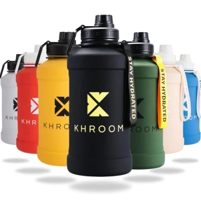 Bild av Khroom rostfritt stål vattenflaska 1,3L &amp; 2,2L lämplig för kolsyrat vatten, läckagesäker, enkelväggig, BPA fri metall 2 Liter XXL vattenbehållare sportflaska svart