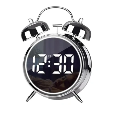 Bild av Justup väckarklocka, digital väckarklocka med stor LED display, tyst rund dekorativ liten mini analog modern klocka, klocka datumvisning och temperaturdisplay USB nätanslutning (silver)