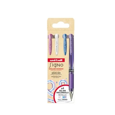 Bild av Uni ball Signo Gel Ink Penne 4stk ( Met. Pink Hvid Blå Violet)) UM 153 broad 1,0mm streg