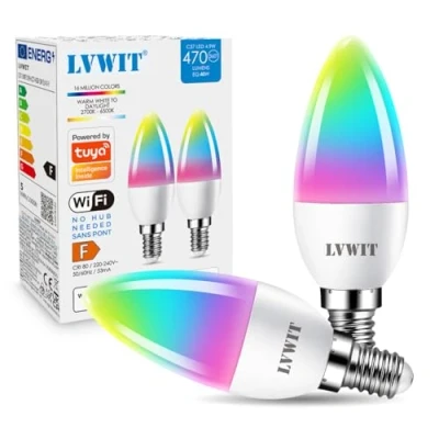 Bild av LVWIT E14 smart ljusglödlampsskruv, 5 W WiFi RGB glödlampa, 470 lm, byt ut 40 watt, kompatibel med Alexa, Echo och Google Assistant, fjärrkontroll via app, 220240 V, ingen hubb krävs (2 st)