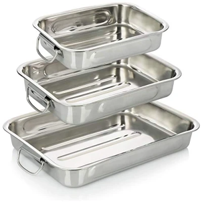 Bild av COM FOUR® 3 delad stek och bakformssats rostfri stekpanna med handtag grytform för matlagning bakning ugnsform (silver delar)